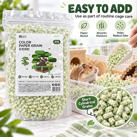 Petzlfiewrold YEE Color Paper Grain Hamster Bedding 1kg (Dark Green and Purple ) | Soft & Absorbent Paper Pellets | Low-Dust & Deodorizing Cage Bedding for Hamsters & Small Pets