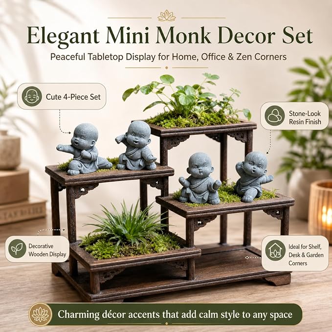 Petzlifeworld   4 Pcs Mini Monk Figures – Retro Resin Buddhist Statues | Cute Stone-Look Monk Decor for Aquarium, Home, Office, Garden, Desk, Shelf & Zen Decoration