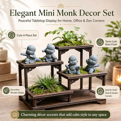 Petzlifeworld   4 Pcs Mini Monk Figures – Retro Resin Buddhist Statues | Cute Stone-Look Monk Decor for Aquarium, Home, Office, Garden, Desk, Shelf & Zen Decoration