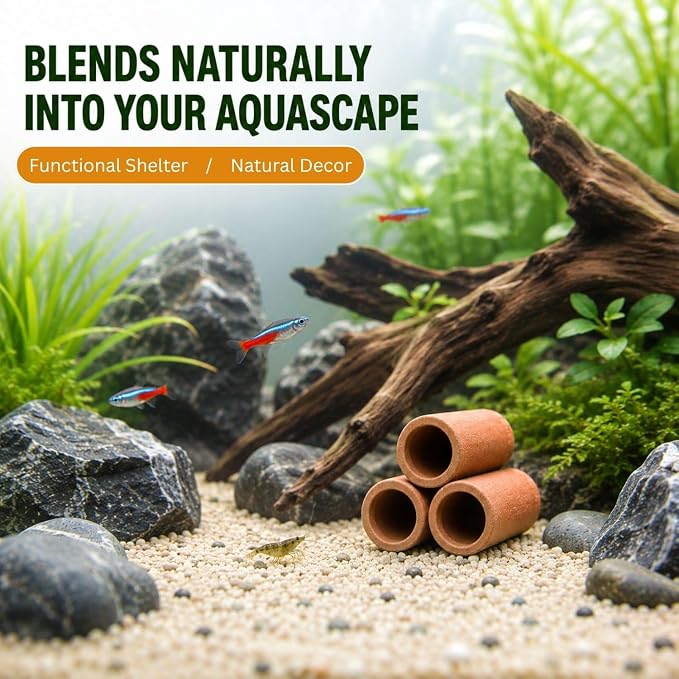 Petzlifeworld  3-Hole Natural Clay Aquarium Hideout | Terracotta Tube Cave Shelter for Small Fish & Shrimp | Fish Tank Ornament for Hiding, Resting & Aquascaping