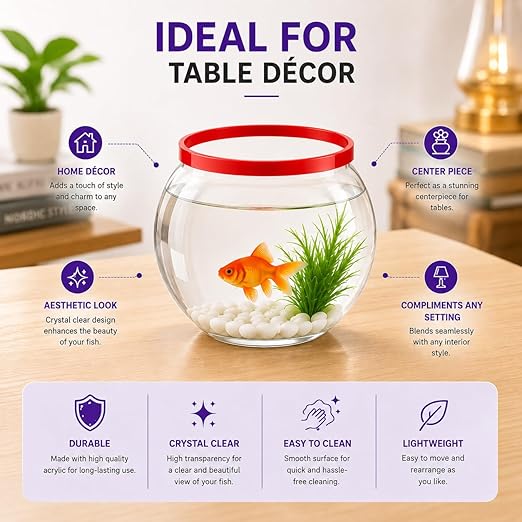 Petzlifeworld Mini Acrylic Fish Bowl (Bowl Only) with Open Ring Top (Random Color) 12.7 x 12.7cm Small Fish Tank for Betta, Goldfish | Cute Desktop Aquarium for Home, Office & Table Décor