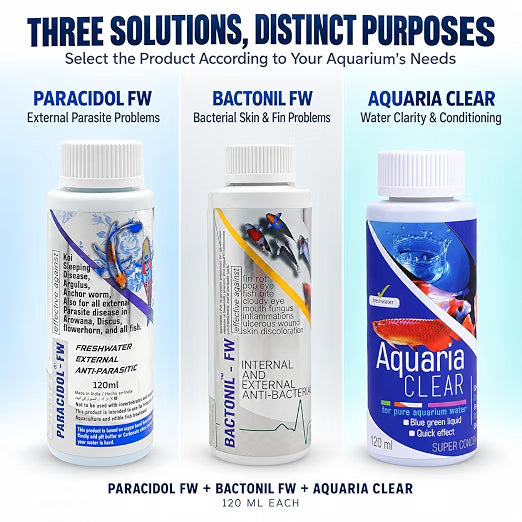 Aquatic Remedies 3-in-1 Freshwater Fish Care Combo – Paracidol FW + Bactonil FW + Aquaria Clear | 120 ml Each