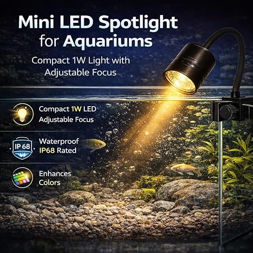Petzlifeworld Mini LED Aquarium Spotlight 1W | Adjustable Focus Warm Light | Waterproof Submersible Lamp for Fish Tank & Aquarium Plants | Compact Clip-On Design Brand: VAYINATO