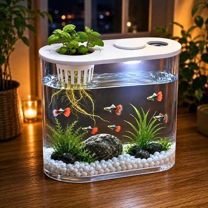 petzlifeworld PS-30L Fish Tank with Plant Growing Basket & 7-Color LED Light | 10L Desktop Aquarium (30 x 13 x 28 cm) | Crystal Clear Aquatic Tank for Guppy, Betta & Small Fish | Modern Home
