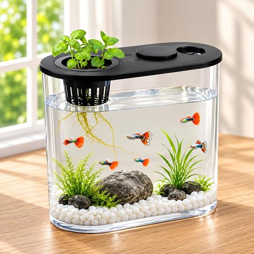 petzlifeworld PS-30L Fish Tank with Plant Growing Basket & 7-Color LED Light | 10L Desktop Aquarium (30 x 13 x 28 cm) | Crystal Clear Aquatic Tank for Guppy, Betta & Small Fish | Modern Home