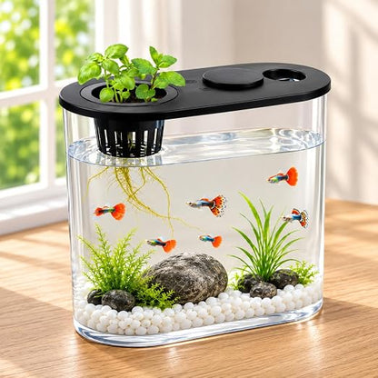 petzlifeworld PS-30L Fish Tank with Plant Growing Basket & 7-Color LED Light | 10L Desktop Aquarium (30 x 13 x 28 cm) | Crystal Clear Aquatic Tank for Guppy, Betta & Small Fish | Modern Home