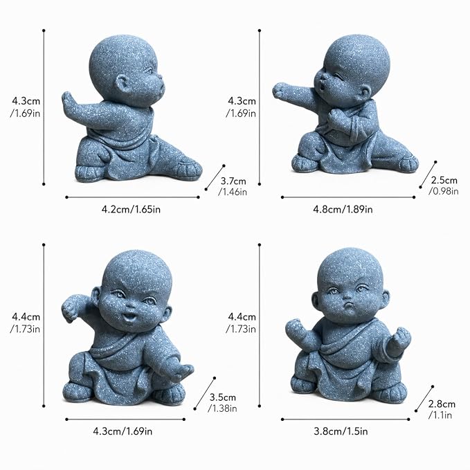 Petzlifeworld   4 Pcs Mini Monk Figures – Retro Resin Buddhist Statues | Cute Stone-Look Monk Decor for Aquarium, Home, Office, Garden, Desk, Shelf & Zen Decoration