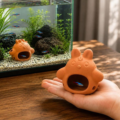 Petzlifeworld (Bunny House Natural Clay Fish Tank Hideout | Aquarium Ornament Decoration for Small Fish & Shrimp | Terracotta Shelter for Resting, Hiding & Aquascaping