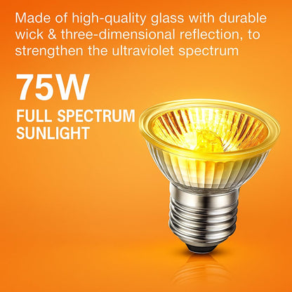PetzLifeWorld 75W Full Spectrum UVA + UVB Halogen Basking Lamp – E27 Reptile Heat Light Bulb for Turtles, Lizards, Snakes, Amphibians & Terrariums