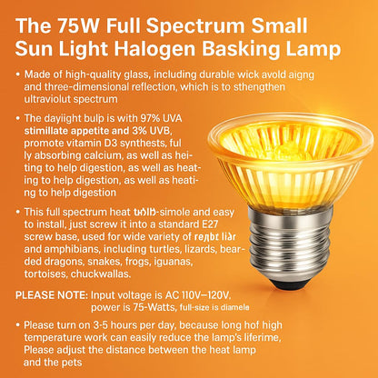 PetzLifeWorld 75W Full Spectrum UVA + UVB Halogen Basking Lamp – E27 Reptile Heat Light Bulb for Turtles, Lizards, Snakes, Amphibians & Terrariums