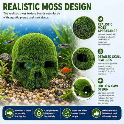 petzlifeworld Moss Skull Aquarium Decoration – Resin Hollow Hideout Cave for Betta, Shrimp & Small Fish | Natural Moss Look Tank Ornament | Safe & Durable Aquascaping Decor