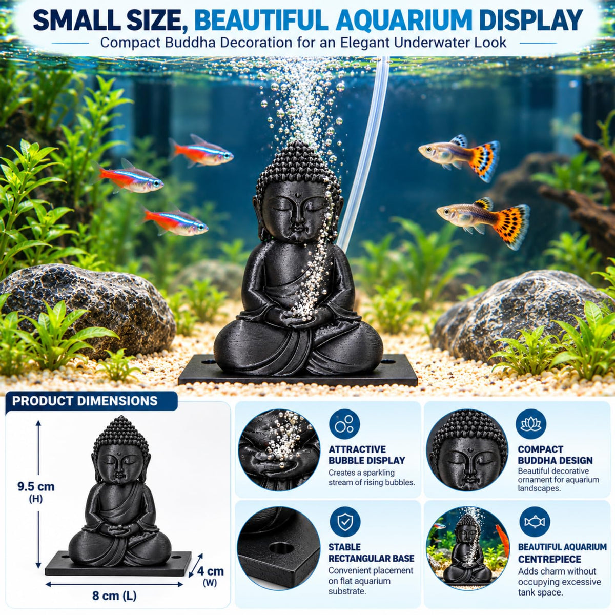 petzlifeworld 3D Printed Black Buddha Aquarium Air Bubble Decoration | Mini Buddha Statue for Fish Tank | Air Pump Operated Bubbler Ornament with Rear Airline Connection | Meditation Aquascaping Decor