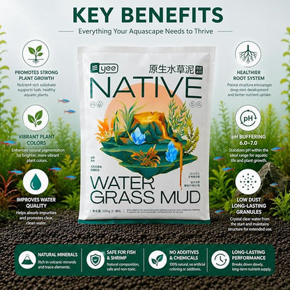 YEE 3L Native Water Grass Aquarium Soil for Planted Aquarium | Nutrient Rich Aqua Soil Substrate for Fish Tanks | pH Buffering 6.0–7.0 | Low Dust Long-Lasting Granules