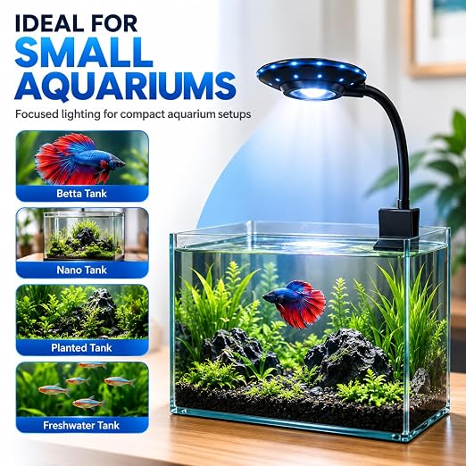 petzlifeworld FD-001 UFO Clip LED Aquarium Light | 3 Mode Fish Tank Light | 360° Flexible Gooseneck | DC 5V USB Powered | Fits 3–5mm Glass | for Betta, Nano & Planted Aquariums