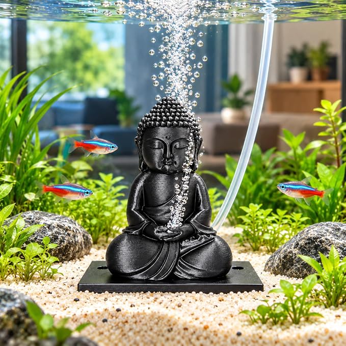 petzlifeworld 3D Printed Black Buddha Aquarium Air Bubble Decoration | Mini Buddha Statue for Fish Tank | Air Pump Operated Bubbler Ornament with Rear Airline Connection | Meditation Aquascaping Decor