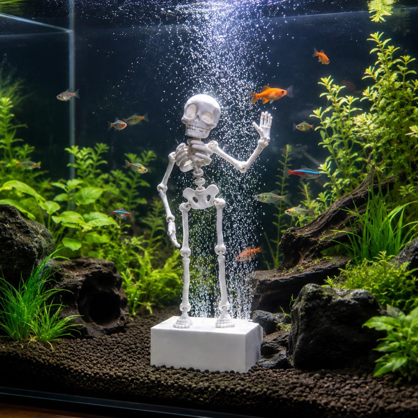 Petzlifeworld 3D Printed Dancing Skeleton Aquarium Ornament – White & Black Variations | Bubble-Activated Moving Fish Tank Decoration with Air Tube Connection & Stable Base