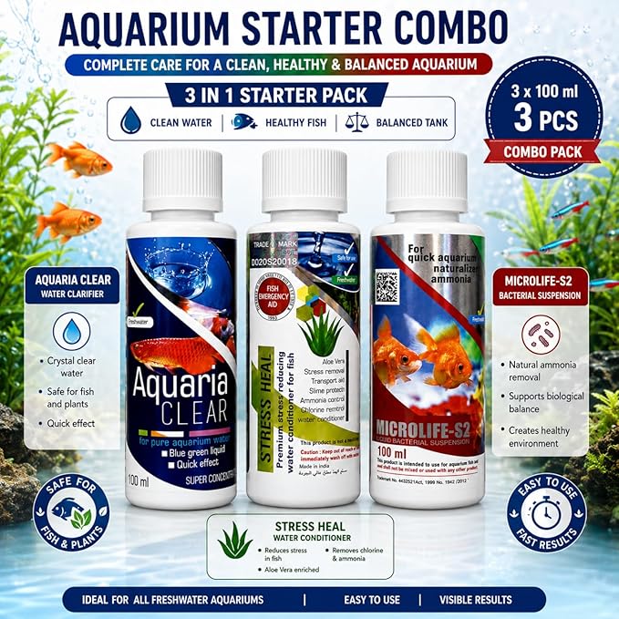 Aquatic Remedies Aquarium Fish Tank Must Have Starter Combo  (Stress Heal + Aquaria Clear + MicroLife S2) 3 * 100 ML - 3 Pcs Combo Starter Pack
