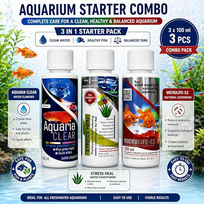 Aquatic Remedies Aquarium Fish Tank Must Have Starter Combo  (Stress Heal + Aquaria Clear + MicroLife S2) 3 * 100 ML - 3 Pcs Combo Starter Pack