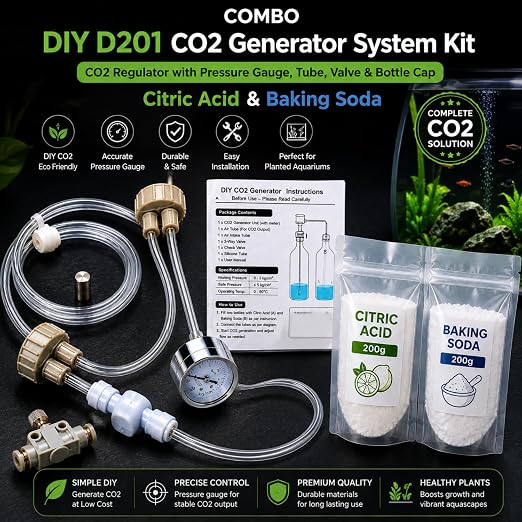 petzlifeworld DIY D201 CO2 Generator System Kit for Planted Aquarium | CO2 Regulator with Pressure Gauge, Tube, Valve & Bottle Cap | Citric Acid 200g + Baking Soda 200g | Aquascaping Kit