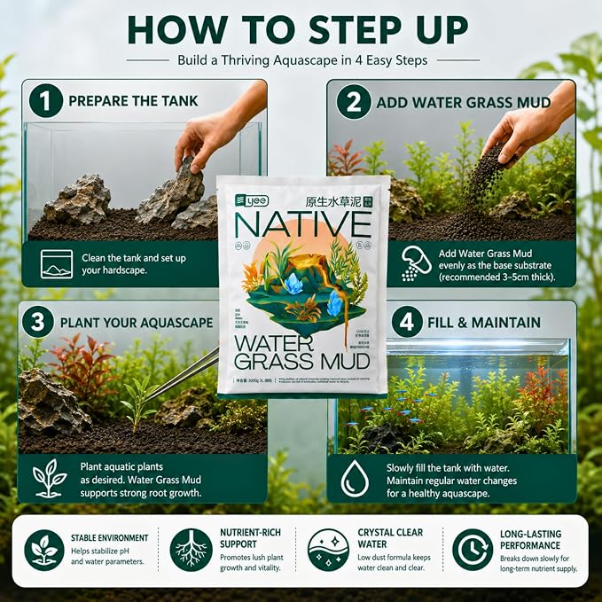 YEE 3L Native Water Grass Aquarium Soil for Planted Aquarium | Nutrient Rich Aqua Soil Substrate for Fish Tanks | pH Buffering 6.0–7.0 | Low Dust Long-Lasting Granules