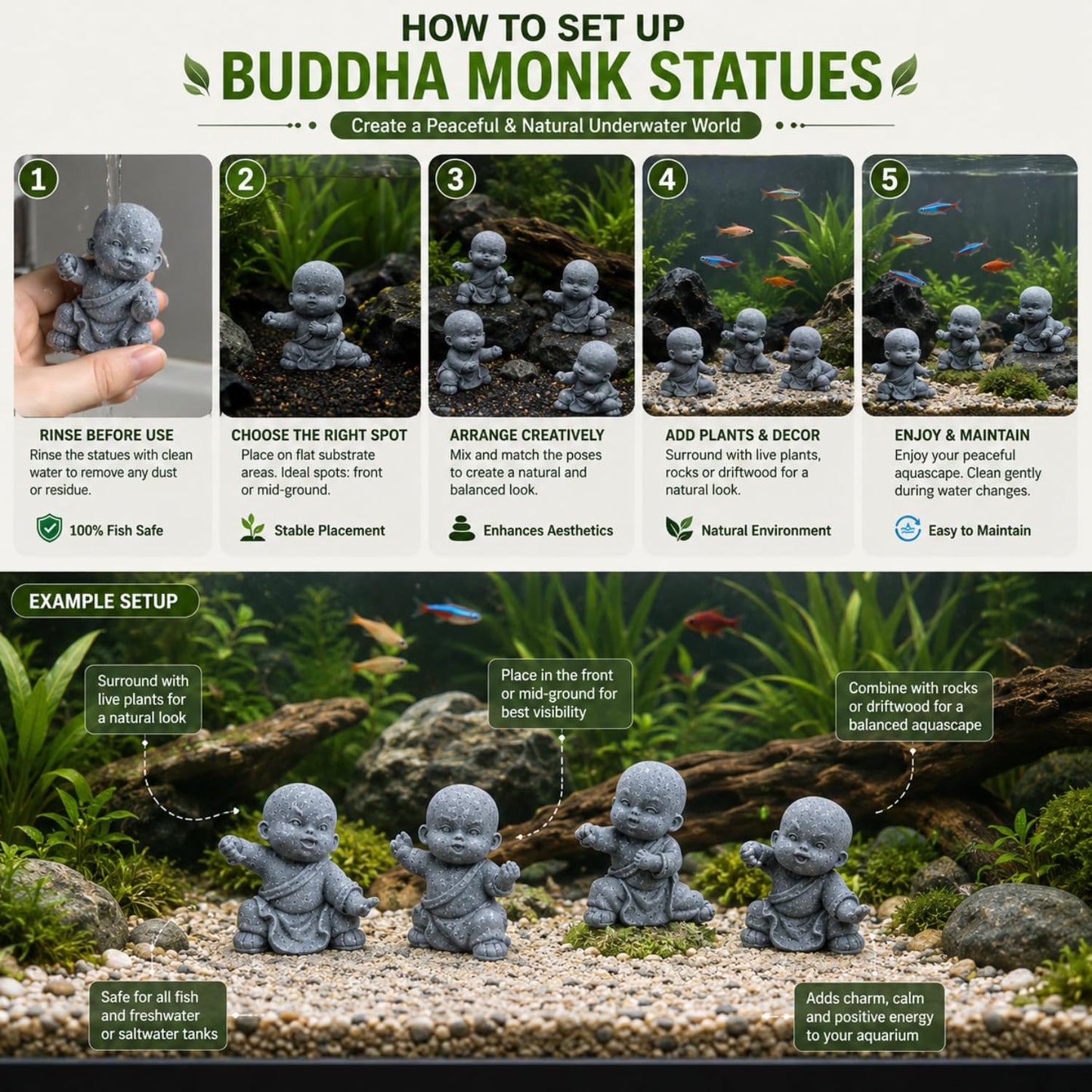 Petzlifeworld   4 Pcs Mini Monk Figures – Retro Resin Buddhist Statues | Cute Stone-Look Monk Decor for Aquarium, Home, Office, Garden, Desk, Shelf & Zen Decoration