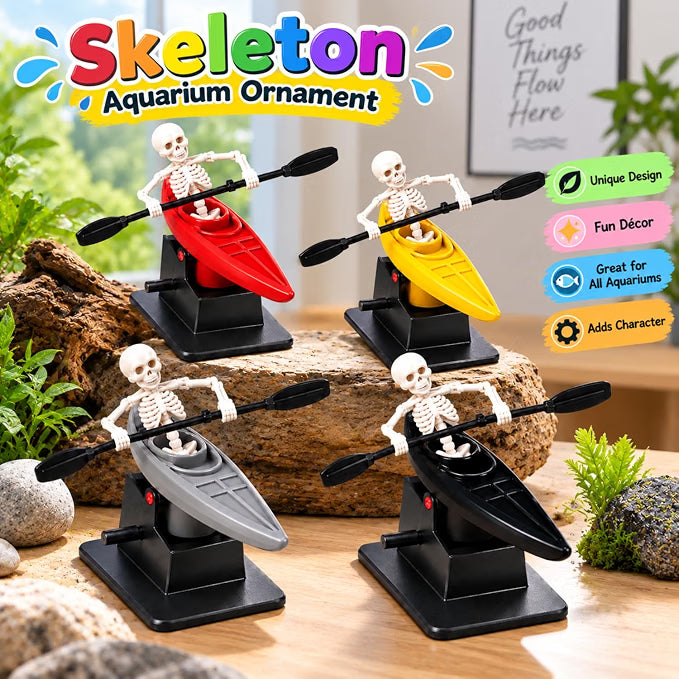 Petzlifeworld Dancing Skeleton Kayak Aquarium Ornament with Moving Rowing Action – Random Colour Fish Tank Decoration with Paddle & Stable Base