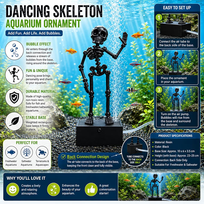 Petzlifeworld 3D Printed Dancing Skeleton Aquarium Ornament – White & Black Variations | Bubble-Activated Moving Fish Tank Decoration with Air Tube Connection & Stable Base