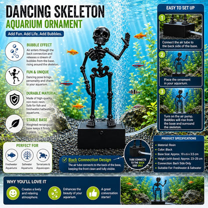 Petzlifeworld 3D Printed Dancing Skeleton Aquarium Ornament – White & Black Variations | Bubble-Activated Moving Fish Tank Decoration with Air Tube Connection & Stable Base