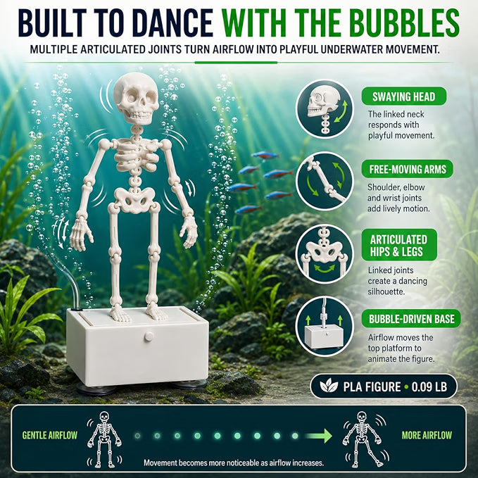 Petzlifeworld 3D Printed Dancing Skeleton Aquarium Ornament – White & Black Variations | Bubble-Activated Moving Fish Tank Decoration with Air Tube Connection & Stable Base