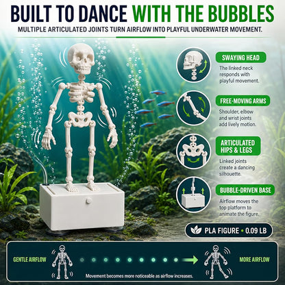 Petzlifeworld 3D Printed Dancing Skeleton Aquarium Ornament – White & Black Variations | Bubble-Activated Moving Fish Tank Decoration with Air Tube Connection & Stable Base
