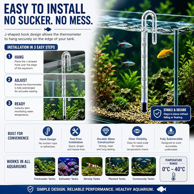 Petzlifeworld Aquarium Fish Tank Hanging Thermometer No Sucker Needed | Accurate Reading
