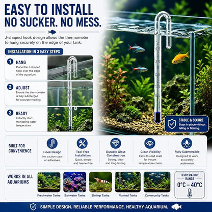 Petzlifeworld Aquarium Fish Tank Hanging Thermometer No Sucker Needed | Accurate Reading