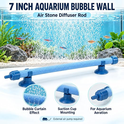 petzlifeworld 7 Inch Aquarium Bubble Wall Air Stone | Blue Diffuser Rod with Suction Cups | Glass-Mounted Bubble Curtain for Fish Tank Aeration & Decoration