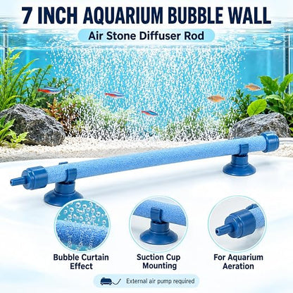 petzlifeworld 7 Inch Aquarium Bubble Wall Air Stone | Blue Diffuser Rod with Suction Cups | Glass-Mounted Bubble Curtain for Fish Tank Aeration & Decoration