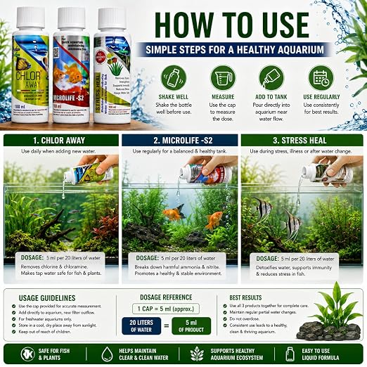 Aquatic Remedies (Pack of 3) Aquarium Fish Tank Water Conditioner Combo | Stress Heal-100ml | Microlife S2-100ml | Chlor Away-100ml