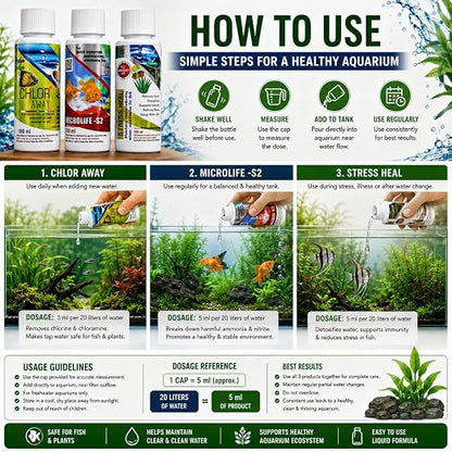 Aquatic Remedies (Pack of 3) Aquarium Fish Tank Water Conditioner Combo | Stress Heal-100ml | Microlife S2-100ml | Chlor Away-100ml