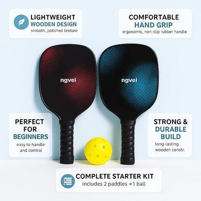 petzlifeworld Wooden Pickleball Paddle Set | 2 Lightweight Wooden Bats with Hand Grip & 1 Pickleball Ball | Easy to Use for Beginners | Durable & Comfortable Design