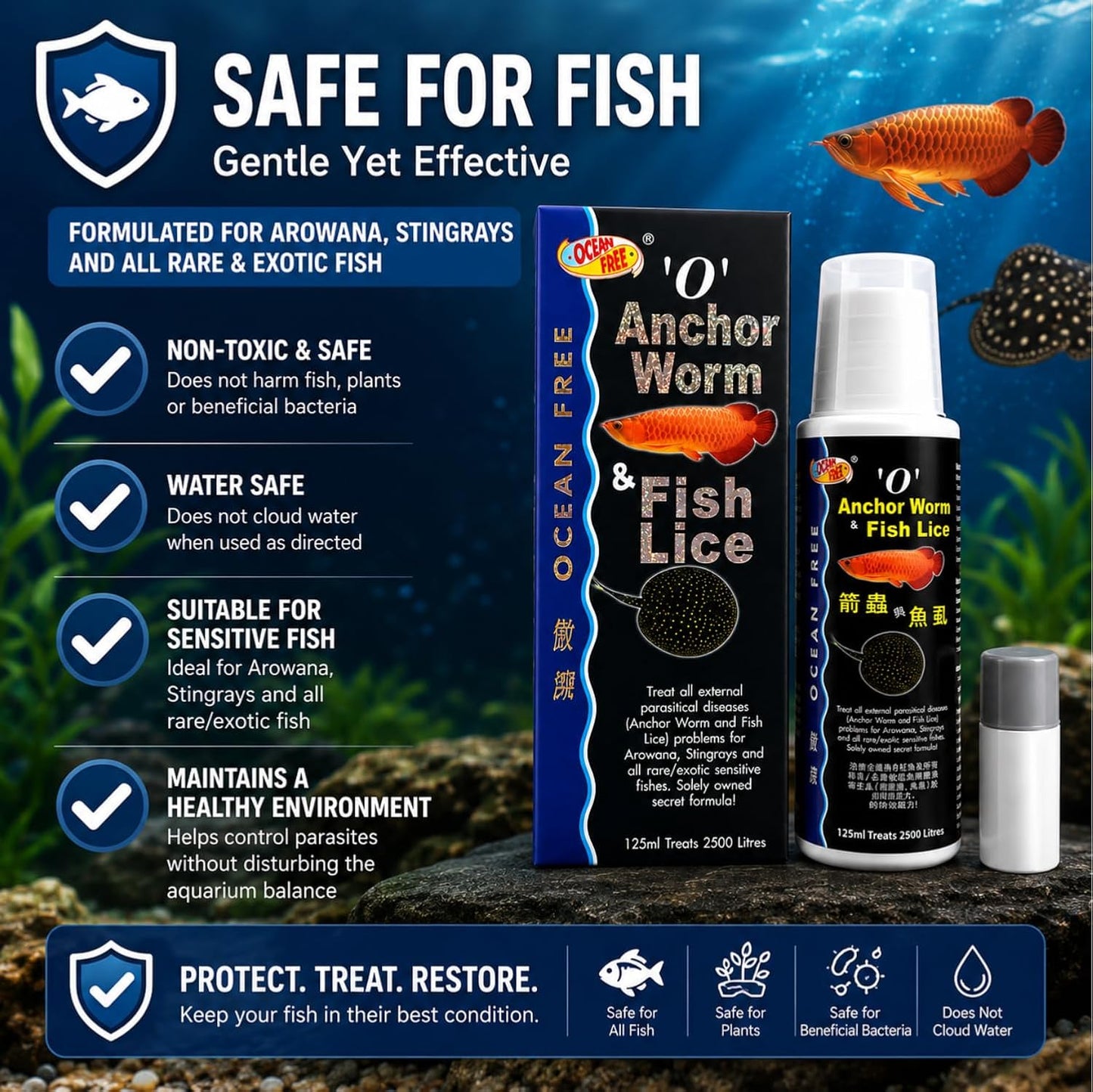 Petzlifeworld Ocean Free O Anchor Worm & Fish Lice, 125ML | Treats All External parasitical Disease Problems for Arowana's, Stingrays and All Rare/Exotic Sensitive Fishes