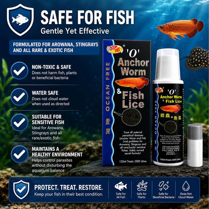 Petzlifeworld Ocean Free O Anchor Worm & Fish Lice, 125ML | Treats All External parasitical Disease Problems for Arowana's, Stingrays and All Rare/Exotic Sensitive Fishes