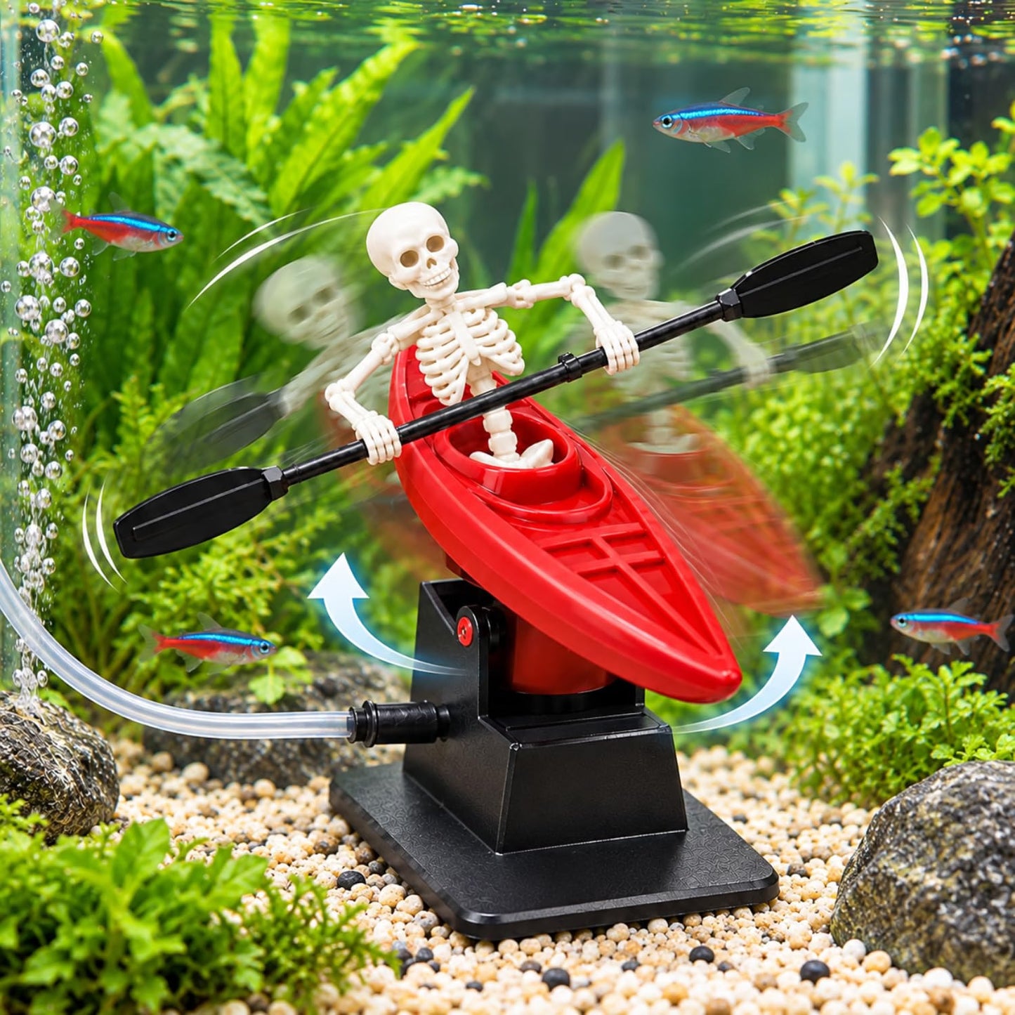 Petzlifeworld Dancing Skeleton Kayak Aquarium Ornament with Moving Rowing Action – Random Colour Fish Tank Decoration with Paddle & Stable Base