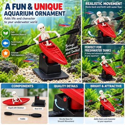 Petzlifeworld Dancing Skeleton Kayak Aquarium Ornament with Moving Rowing Action – Random Colour Fish Tank Decoration with Paddle & Stable Base