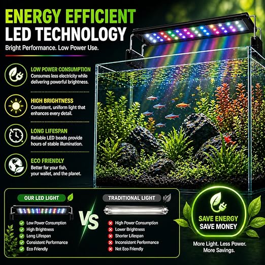 petzlifeworld Aquarium LED Light | Ultra Slim 1cm Design | Extendable Brackets | Waterproof Light for Freshwater & Saltwater | Energy Efficient Full Spectrum Lighting
