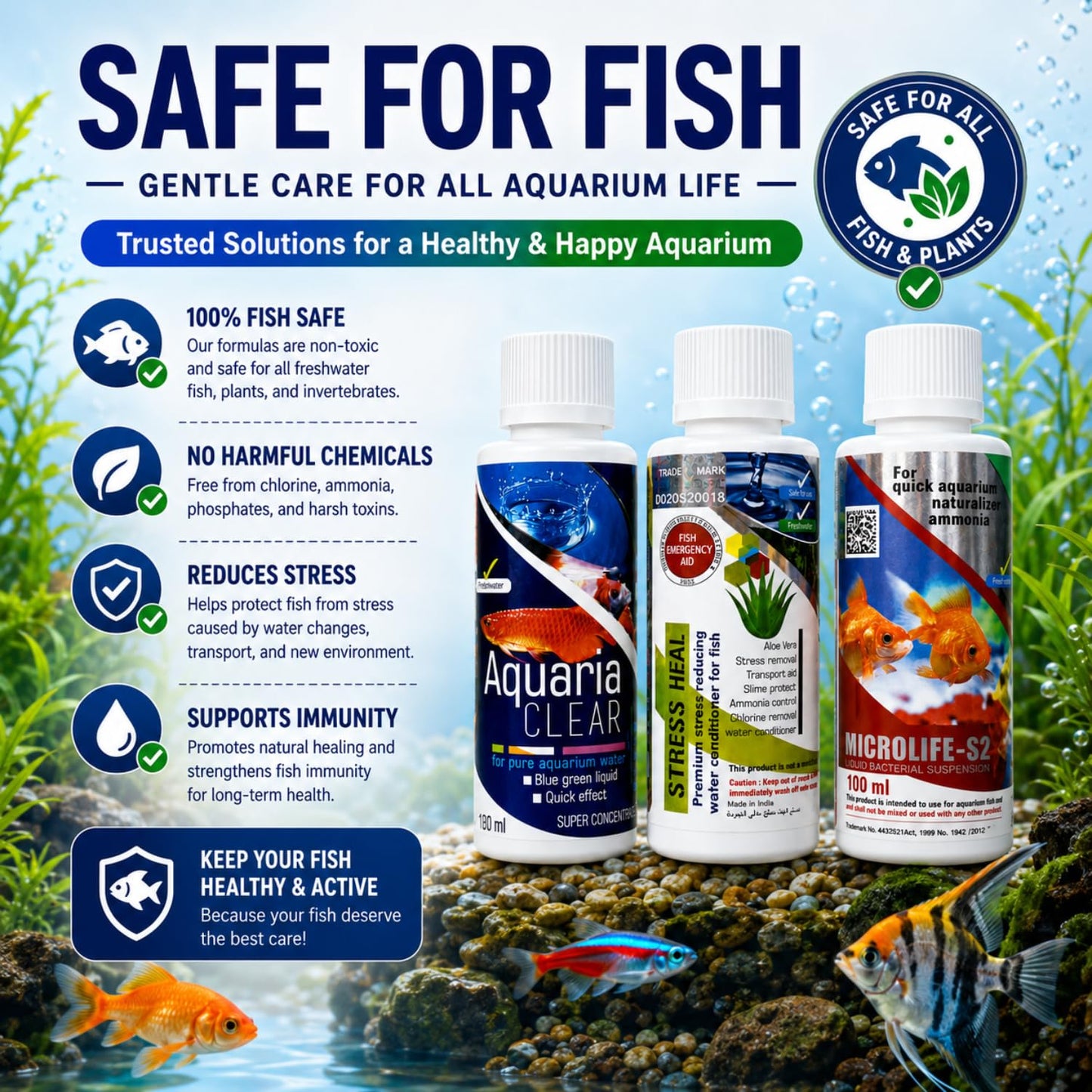 Aquatic Remedies Aquarium Fish Tank Must Have Starter Combo  (Stress Heal + Aquaria Clear + MicroLife S2) 3 * 100 ML - 3 Pcs Combo Starter Pack