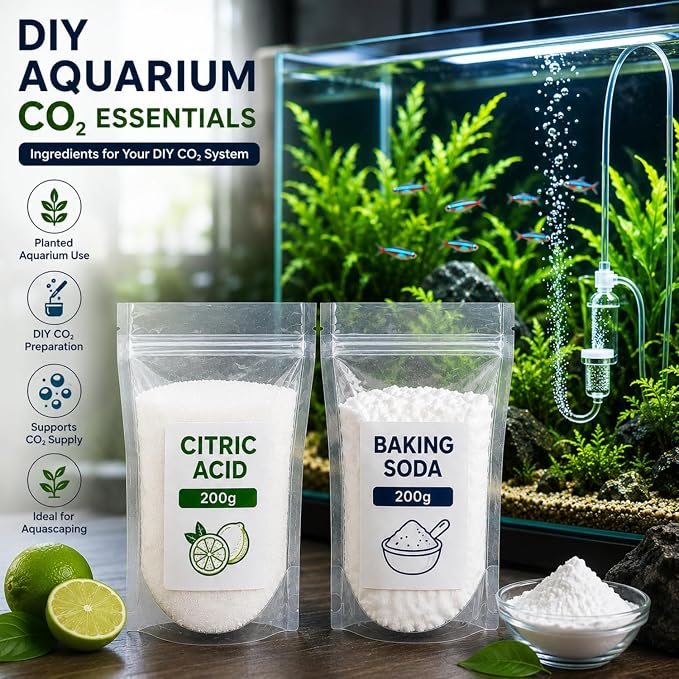 petzlifeworld  DIY Aquarium CO2 Essential Kit – Citric Acid 200g + Baking Soda 200g | CO2 Generator Ingredients for Planted Aquarium & Aquascaping | 400g Combo Pack