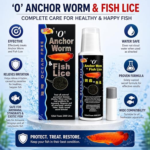 Petzlifeworld Ocean Free O Anchor Worm & Fish Lice, 125ML | Treats All External parasitical Disease Problems for Arowana's, Stingrays and All Rare/Exotic Sensitive Fishes