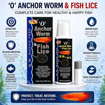 Petzlifeworld Ocean Free O Anchor Worm & Fish Lice, 125ML | Treats All External parasitical Disease Problems for Arowana's, Stingrays and All Rare/Exotic Sensitive Fishes
