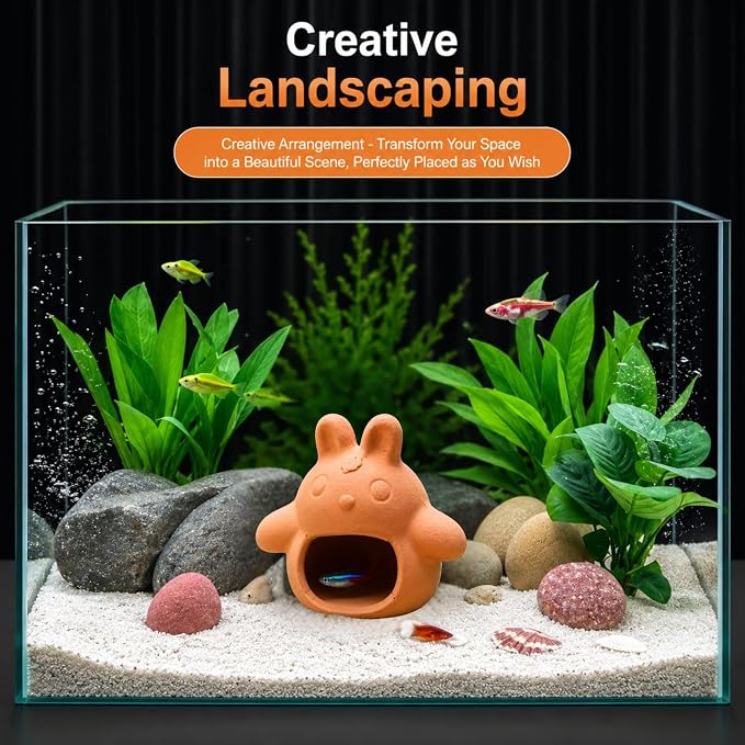 Petzlifeworld (Bunny House Natural Clay Fish Tank Hideout | Aquarium Ornament Decoration for Small Fish & Shrimp | Terracotta Shelter for Resting, Hiding & Aquascaping