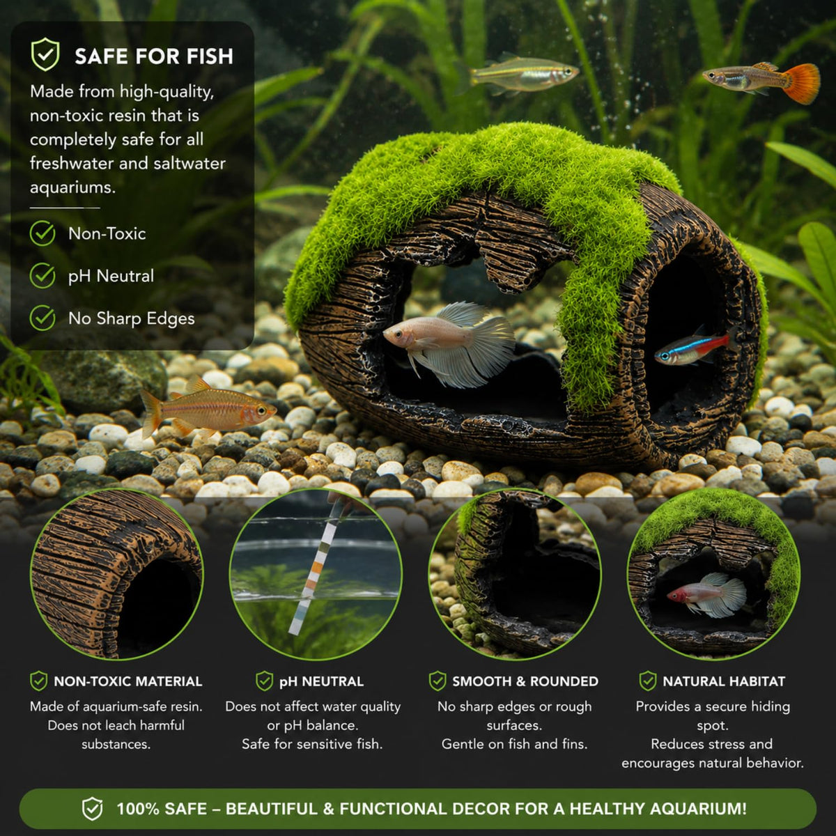 Petzlifewrold Aquarium Barrel Hideout Cave with Artificial Moss – Resin Fish Tank Shelter