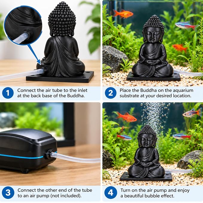 petzlifeworld 3D Printed Black Buddha Aquarium Air Bubble Decoration | Mini Buddha Statue for Fish Tank | Air Pump Operated Bubbler Ornament with Rear Airline Connection | Meditation Aquascaping Decor
