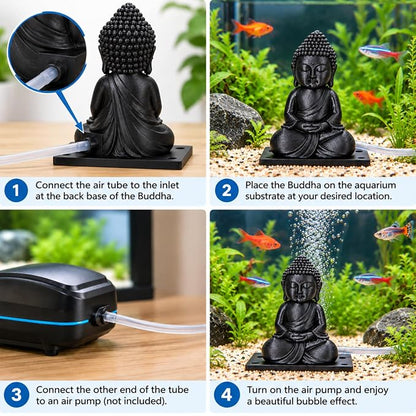 petzlifeworld 3D Printed Black Buddha Aquarium Air Bubble Decoration | Mini Buddha Statue for Fish Tank | Air Pump Operated Bubbler Ornament with Rear Airline Connection | Meditation Aquascaping Decor
